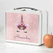 かわいい赤面ピンクユニコーンモノグラムスクール メタルランチボックス (インサイチュ)