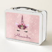 かわいい赤面ピンクユニコーンモノグラムスクール メタルランチボックス (裏面)
