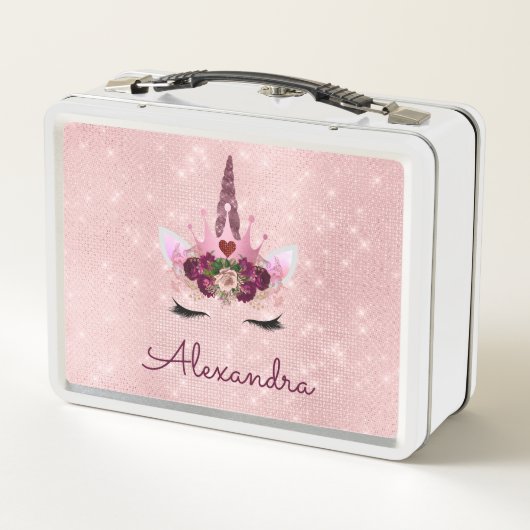 かわいい赤面ピンクユニコーンモノグラムスクール メタルランチボックス (裏面)