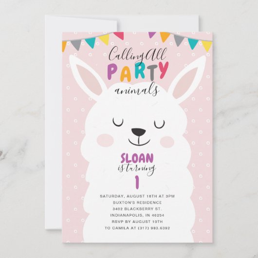 かわいい赤面ピンクラマおもしろいフィエスタバースデーパーティー 招待状 (正面)