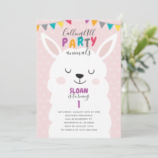 かわいい赤面ピンクラマおもしろいフィエスタバースデーパーティー 招待状 (スタンド正面)