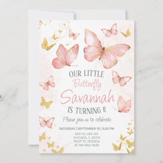 かわいい赤面ピンク蝶1st誕生日パーティー 招待状 (正面)