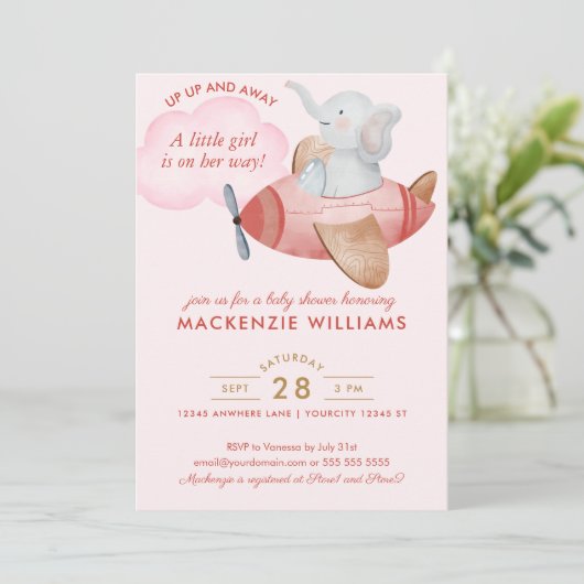 かわいい赤面ピンク象飛行機ベビーシャワーガール 招待状 (スタンド正面)