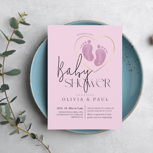 かわいい赤面ピンク足グリッターベビーガールシャワー 招待状