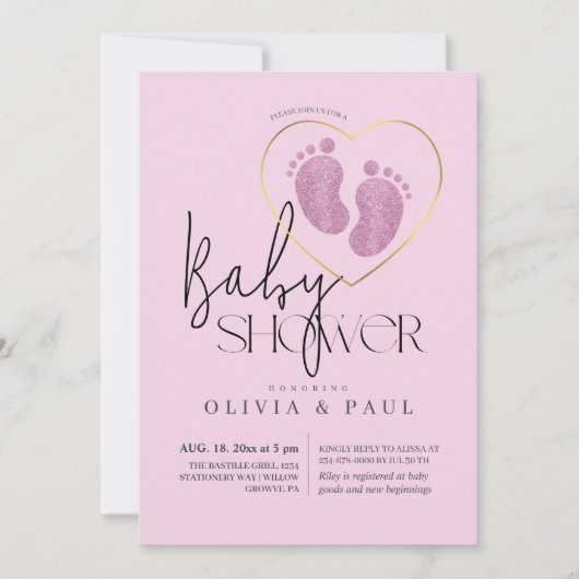 かわいい赤面ピンク足グリッターベビーガールシャワー 招待状 (正面)
