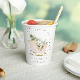 かわいい赤面ピンク金ゴールド冬そりの赤ちゃんシャワー 紙コップ
