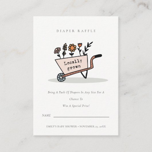 かわいい赤面フローラカートおむつラッフルベビーシャワー エンクロージャーカード (正面)
