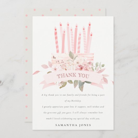 かわいい赤面フローラケーキキャンドル任意の年齢誕生日 サンキューカード (正面/裏面)