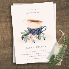 かわいい赤面ブルーフローラアフタヌーンティーパーティー招待状 サンキューカード