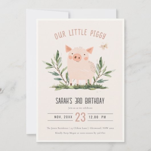 かわいい赤面リトルファームピグバタフライ子供の誕生日 招待状 (正面)