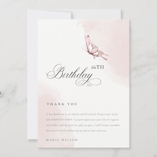 かわいい赤面水色バタフライエイジ誕生日 サンキューカード (正面)