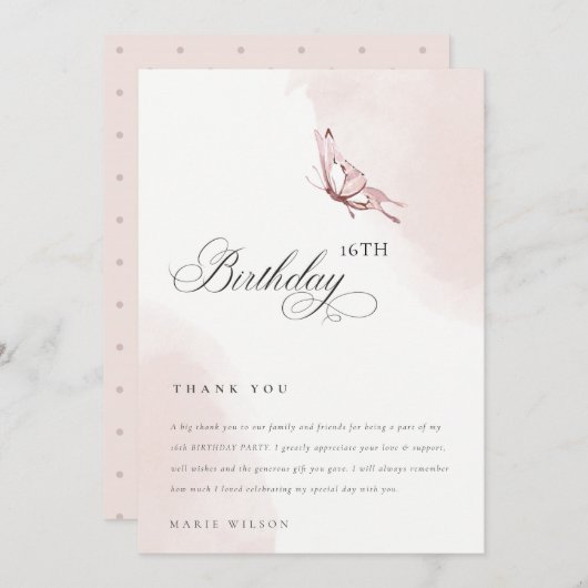 かわいい赤面水色バタフライエイジ誕生日 サンキューカード (正面/裏面)