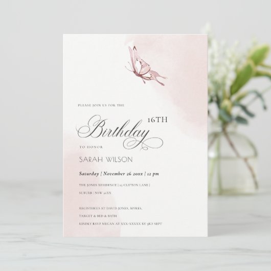 かわいい赤面水色バタフライエイジ誕生日 招待状 (スタンド正面)