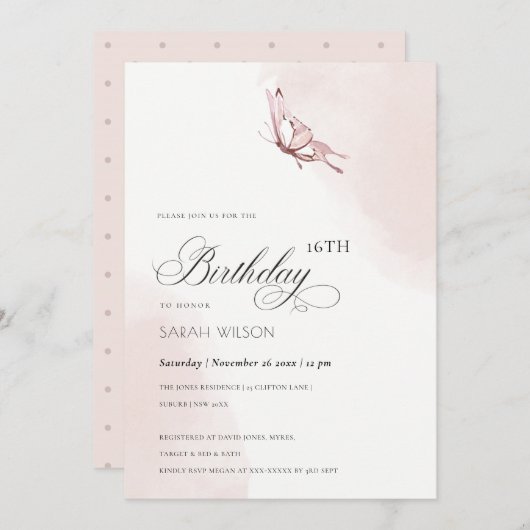 かわいい赤面水色バタフライエイジ誕生日 招待状 (正面/裏面)