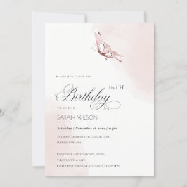 かわいい赤面水色バタフライエイジ誕生日 招待状