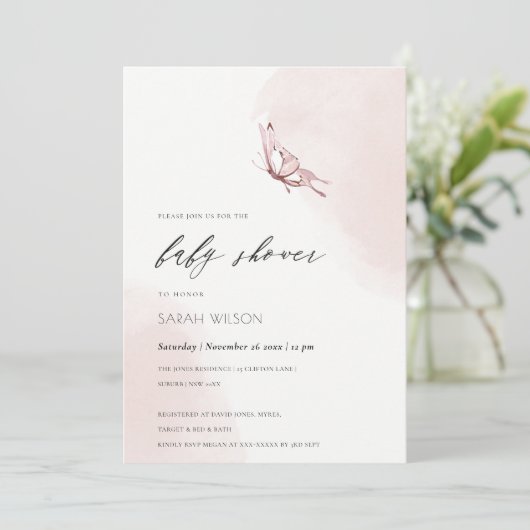 かわいい赤面水色バタフライベビーシャワー 招待状 (スタンド正面)