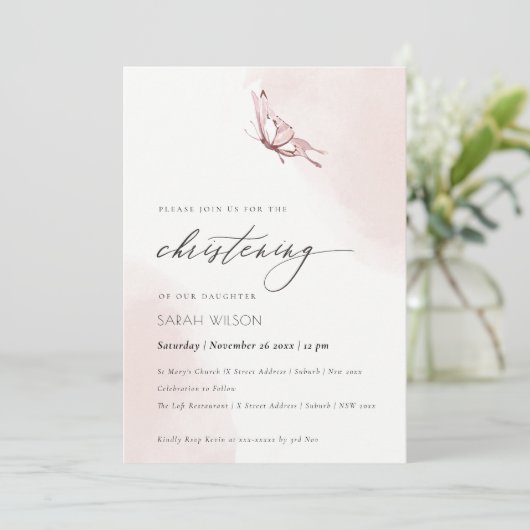 かわいい赤面水色バタフライ《キリスト教》洗礼式や命名式招待状 サンキューカード (スタンド正面)