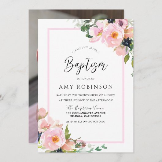 かわいい赤面花女の子写真写真バプテスマ 招待状 (正面/裏面)