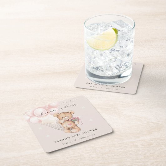 かわいい赤面bearly待ちクマ気球ベビーシャワー スクエアペーパーコースター (インサイチュ)