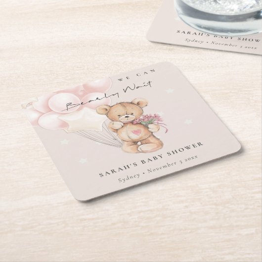 かわいい赤面bearly待ちクマ気球ベビーシャワー スクエアペーパーコースター (アングル)