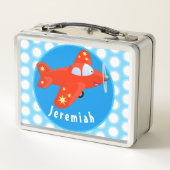 かわいい赤飛行機飛んでいる漫画イラストレーション メタルランチボックス (裏面)