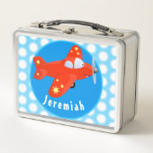 かわいい赤飛行機飛んでいる漫画イラストレーション メタルランチボックス (正面)