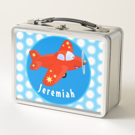 かわいい赤飛行機飛んでいる漫画イラストレーション メタルランチボックス (正面)