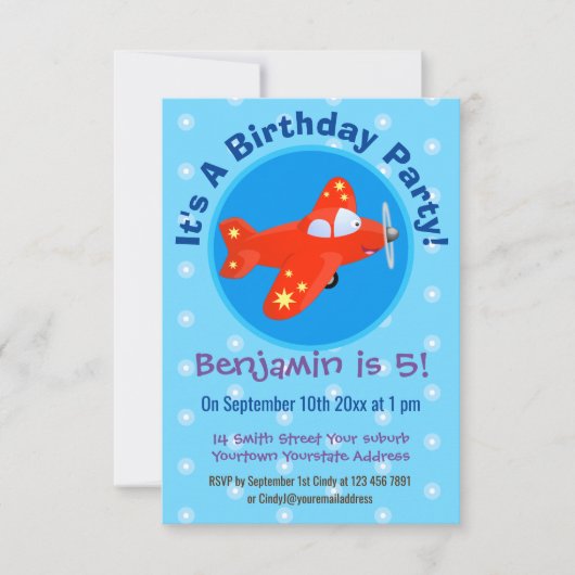 かわいい赤飛行機飛んでいる漫画イラストレーション 招待状 (正面)