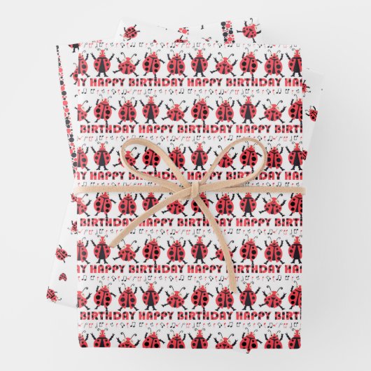 かわいい赤黒のラディバグハッピーバースデーキッズ ラッピングペーパーシート (インサイチュ)