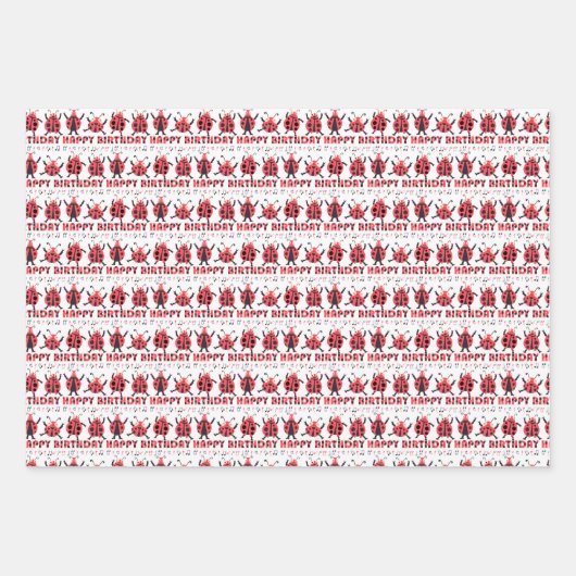  かわいい赤黒のラディバグハッピーバースデーキッズ ラッピングペーパーシート (正面)