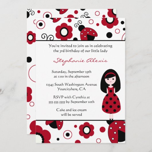 かわいい赤黒人レディーの誕生日パーティーの招待 招待状 (正面/裏面)