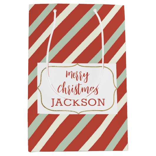 かわいい赤、緑、白キャンディストライプクリスマス名 ミディアムペーパーバッグ (正面)