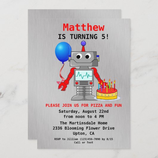 かわいい赤、青、グレーのロボット誕生日招待状 招待状 (正面/裏面)