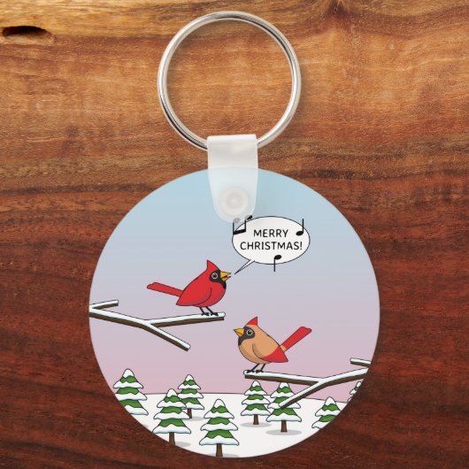 かわいい赤(鳥)ショウジョウコウカンチョウがメリークリスマスを歌う キーホルダー (正面)