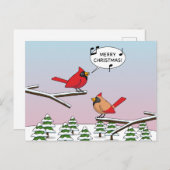 かわいい赤(鳥)ショウジョウコウカンチョウがメリークリスマスを歌う シーズンポストカード (正面/裏面)