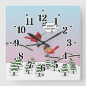 かわいい赤(鳥)ショウジョウコウカンチョウがメリークリスマスを歌う スクエア壁時計 (正面)