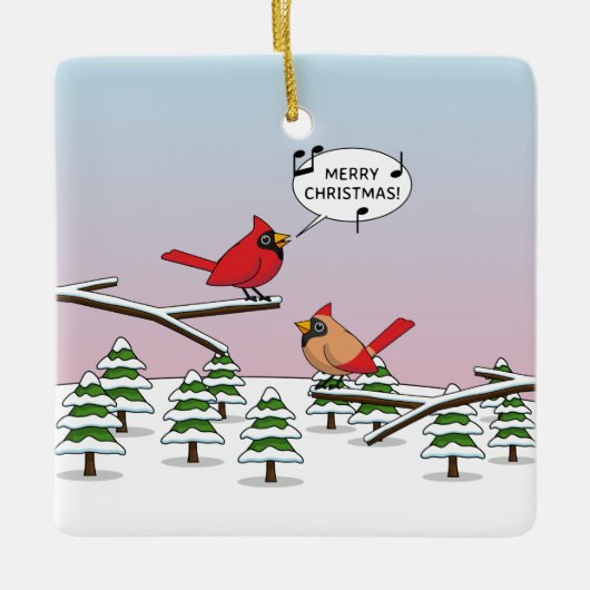 かわいい赤(鳥)ショウジョウコウカンチョウがメリークリスマスを歌う セラミックオーナメント (正面)