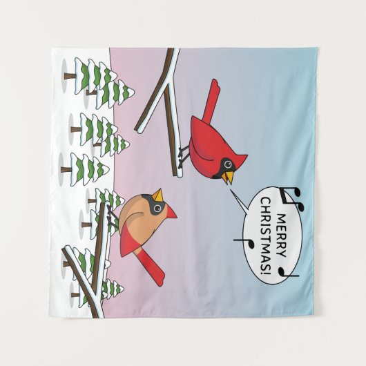 かわいい赤（鳥）ショウジョウコウカンチョウがメリークリスマスを歌う タペストリー (正面(横))