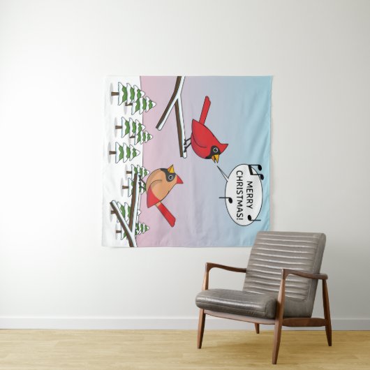 かわいい赤（鳥）ショウジョウコウカンチョウがメリークリスマスを歌う タペストリー (インサイチュ(横))