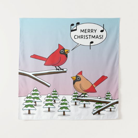 かわいい赤（鳥）ショウジョウコウカンチョウがメリークリスマスを歌う タペストリー (正面)