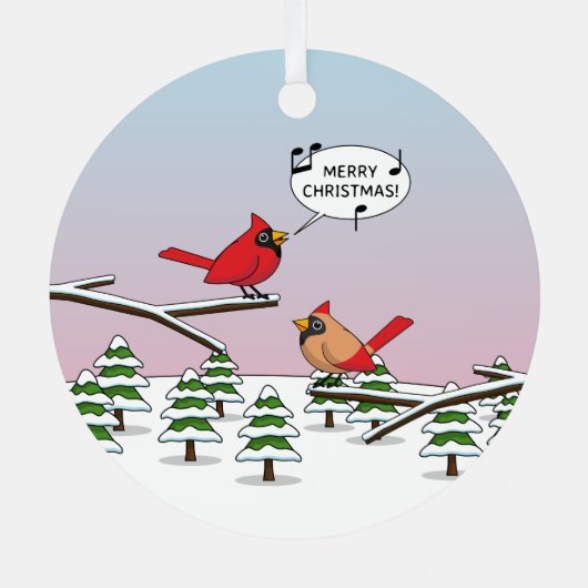 かわいい赤(鳥)ショウジョウコウカンチョウがメリークリスマスを歌う メタルオーナメント (裏面)