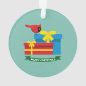 かわいい赤(鳥)ショウジョウコウカンチョウで青いプレゼントを オーナメント (裏面)