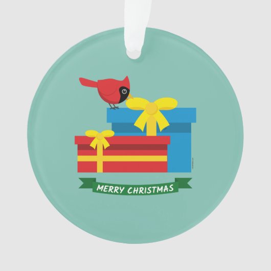 かわいい赤(鳥)ショウジョウコウカンチョウで青いプレゼントを オーナメント (正面)