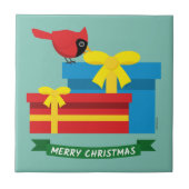 かわいい赤(鳥)ショウジョウコウカンチョウで青いプレゼントを タイル (正面)