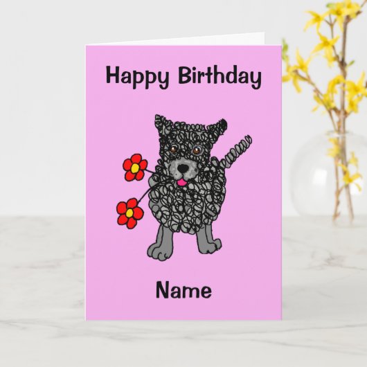 かわいい走り書き犬ピンクの漫画誕生日 カード (黄色い花)