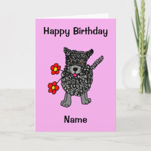 かわいい走り書き犬ピンクの漫画誕生日 カード