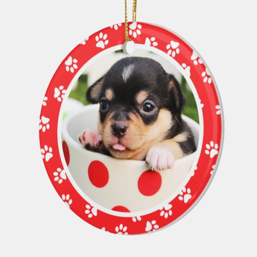 かわいい足は|の子犬の初めてのクリスマスの写真を印刷します セラミックオーナメント (左)