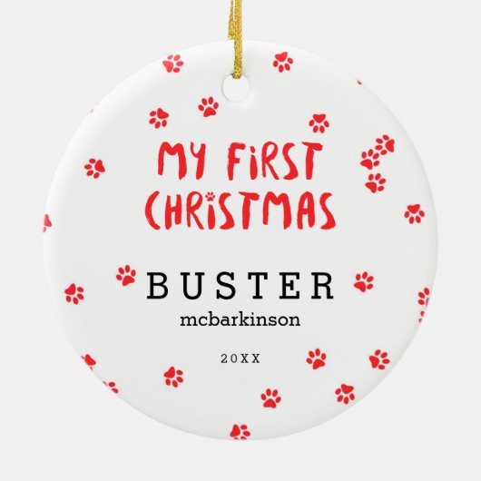 かわいい足は|の子犬の初めてのクリスマスの写真を印刷します セラミックオーナメント (裏面)