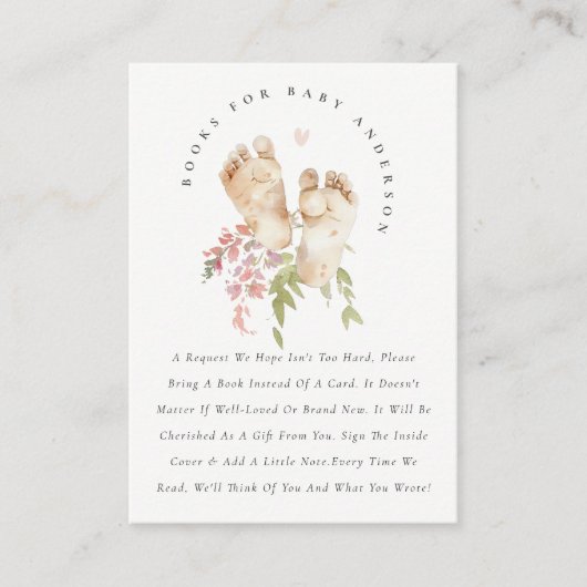 かわいい足ピンクのフローラガールブック赤ちゃんシャワー エンクロージャーカード (正面)