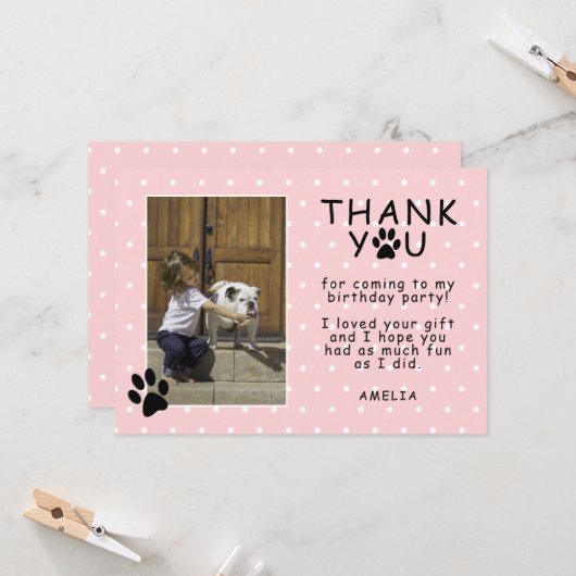 かわいい足印のピンクの誕生日ありがとう写真 カード (正面/裏面インサイチュ)